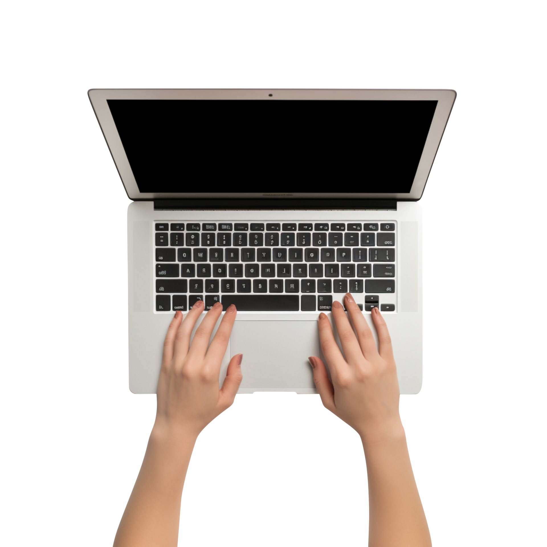 Female hands typing on keyboard of a laptop isolated on transparent