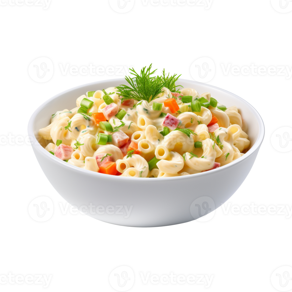 Delicious macaroni salad on a white bowl isolated on transparent background png