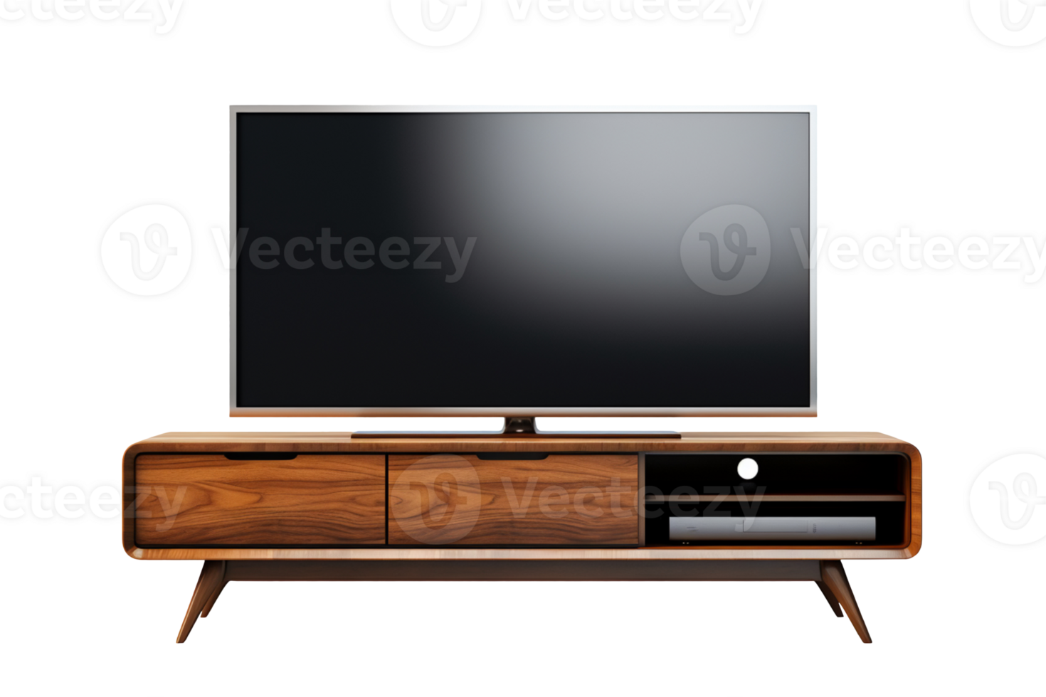 Tv with stand on an elegant wooden cabinet isolated on transparent background png