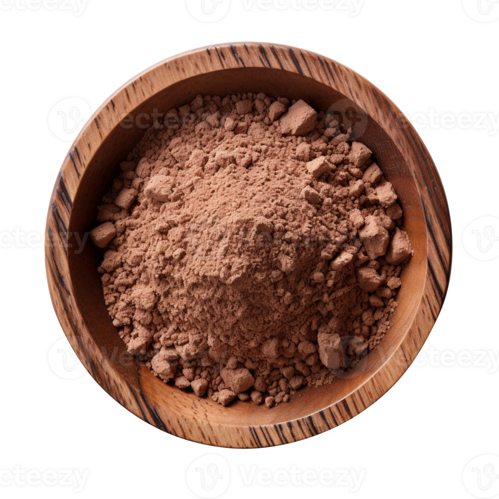 Top view of cocoa powder in a wooden bowl isolated on transparent background png