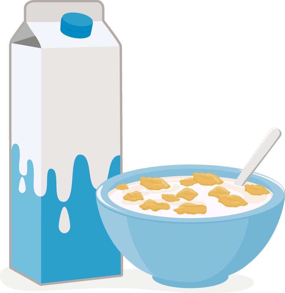 Blue bowl of cereal and cow milk box carton. Bowl of corn flakes and a carton of milk for breakfast meal. vector