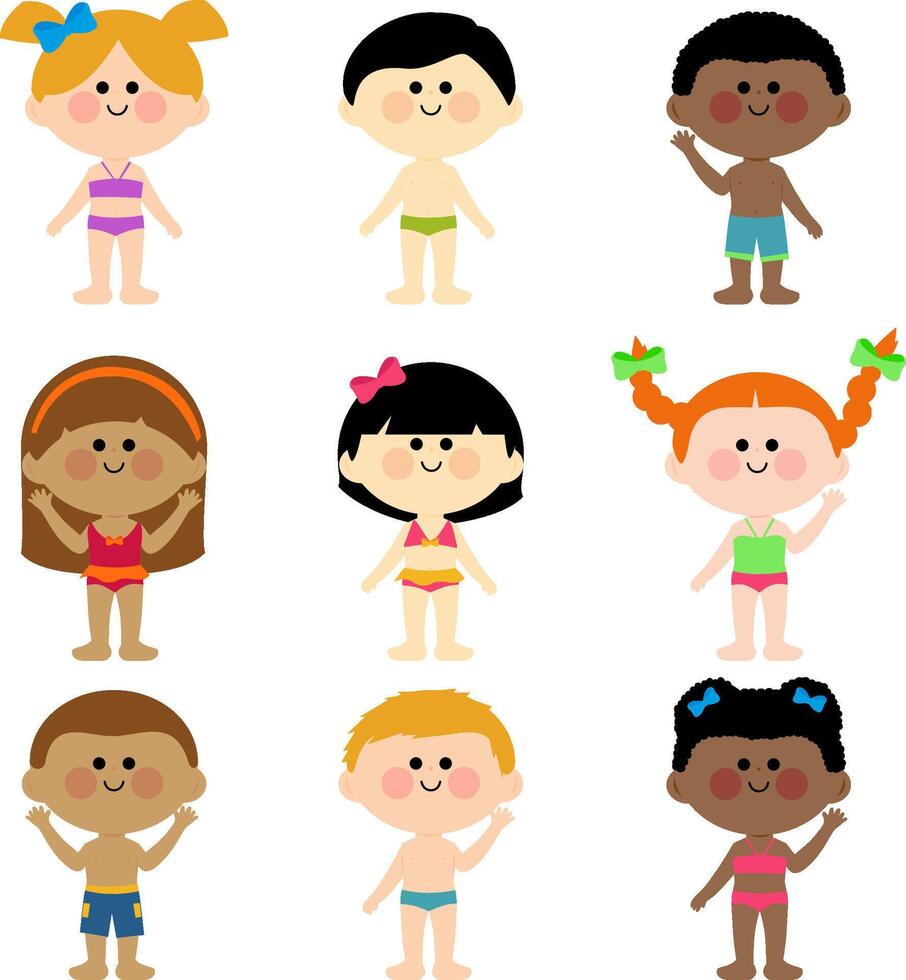 Group of children in swimsuits. Kids at the beach or pool on summer vacations. Diverse set of cute boys and girls in swimsuits. Illustration collection vector