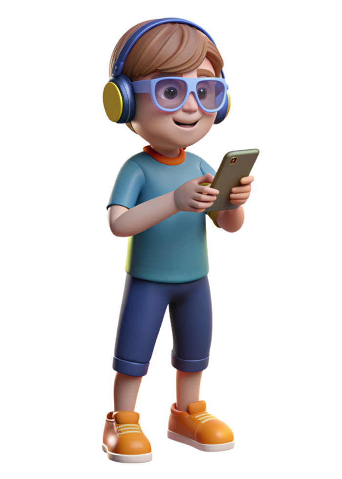 Child Wear Headphone Using Smartphone 3d png