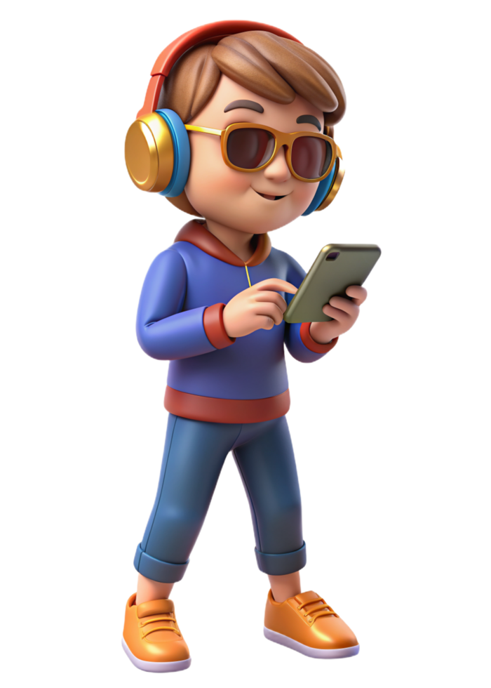 Child Wear Headphone Using Smartphone 3d Render png