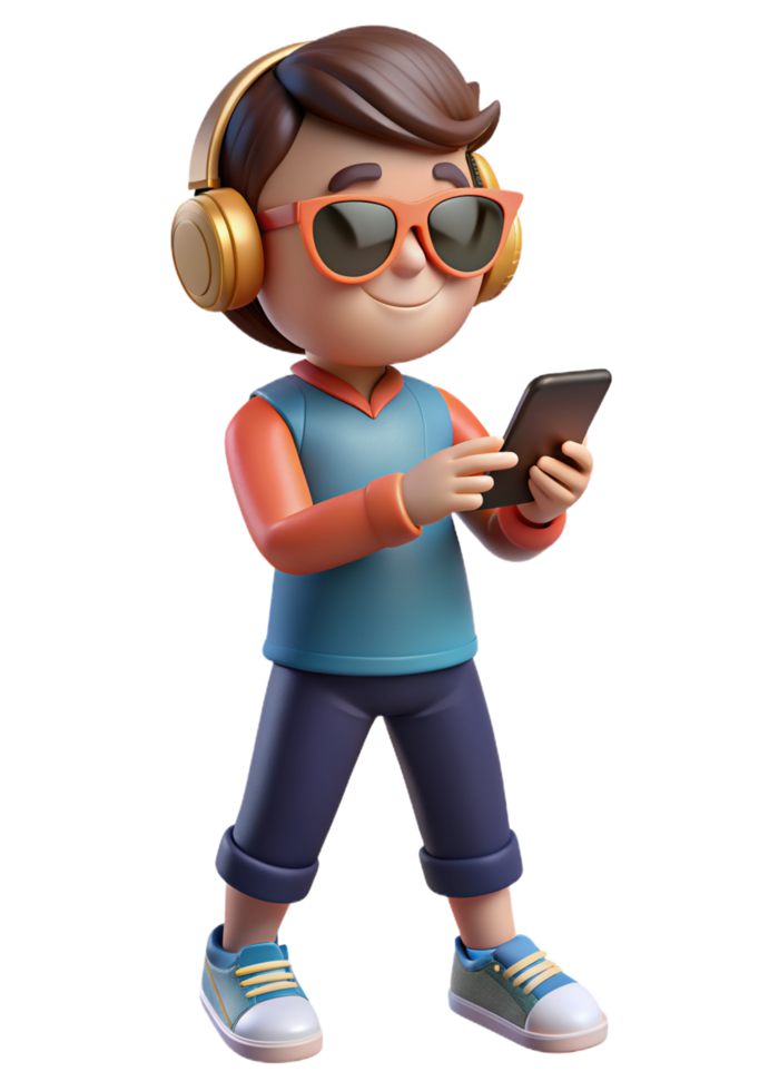 Child Wear Headphone Using Smartphone 3d Concept png