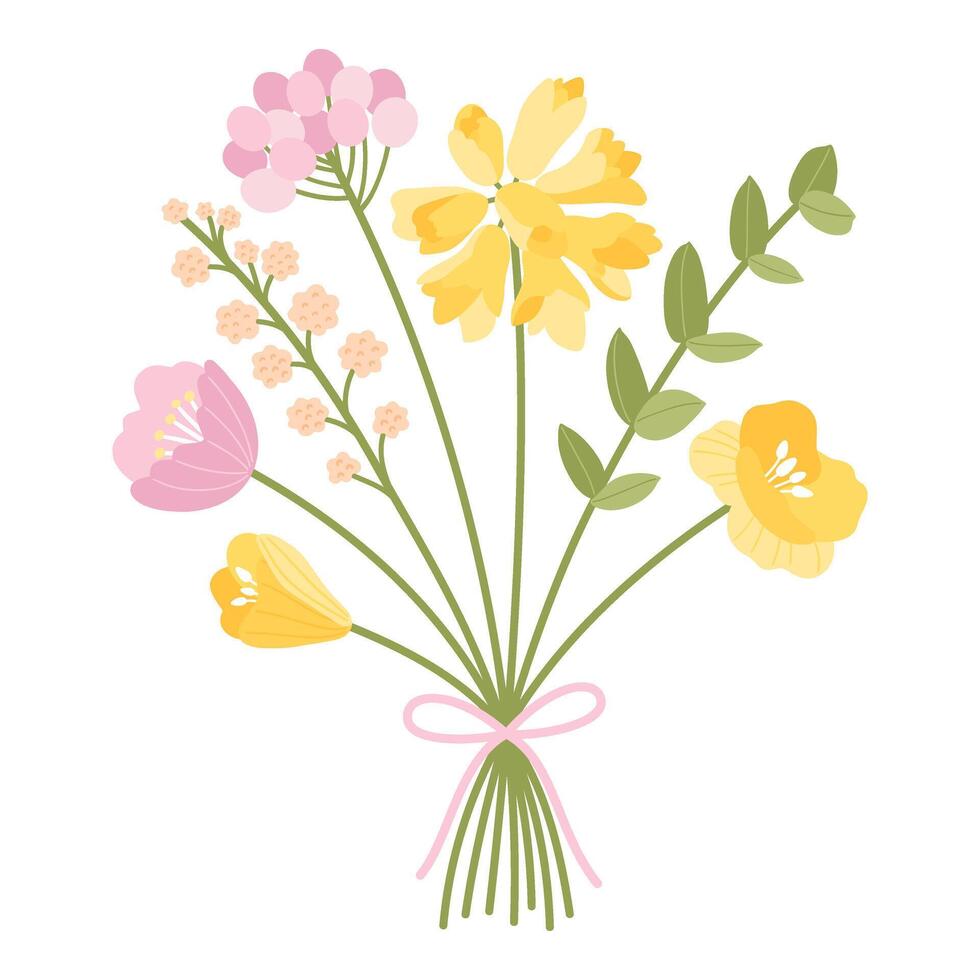 Bouquet of wildflowers, tied with ribbon. Floral illustration. Gentle flowers, meadow herbs, and wild plants for design projects vector