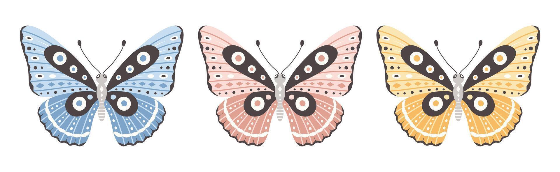Set of one butterfly in three colors, illustration. Beautiful wings with abstract ornament, front view. Element for tattoo design. Summer background vector