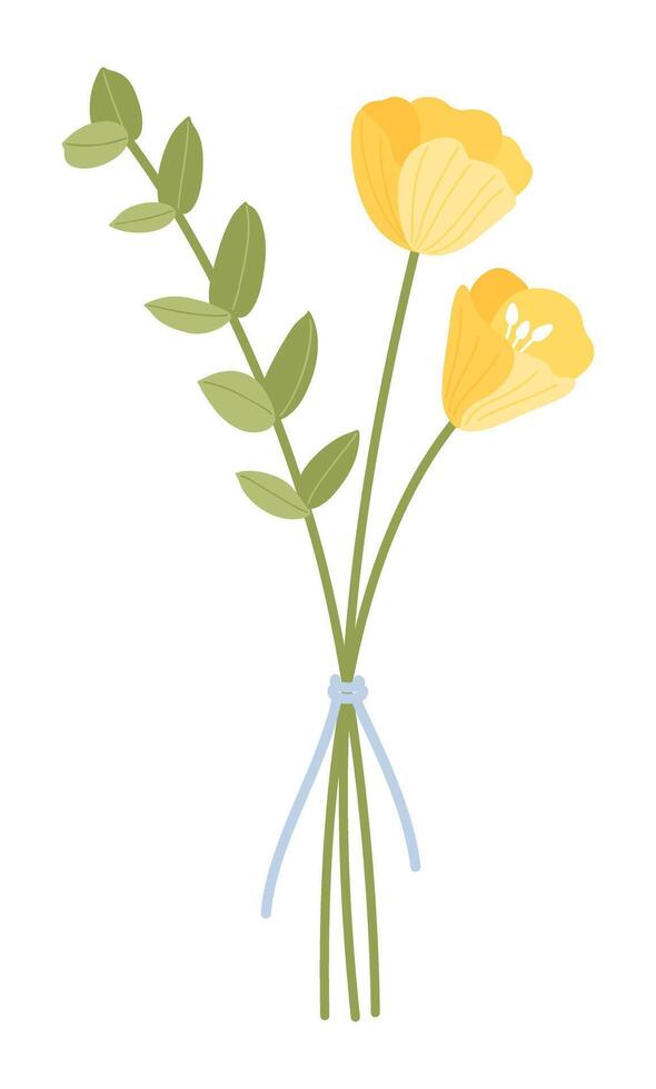 Wildflower bouquet of poppies and meadow herb, tied with ribbon. Floral illustration. Gentle flowers, and wild plants for design projects vector