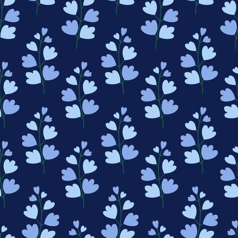 Branch with blue leaves, seamless pattern on a dark background. Meadow and field plants. Floral summer illustration. Spring botanical print, modern style design vector