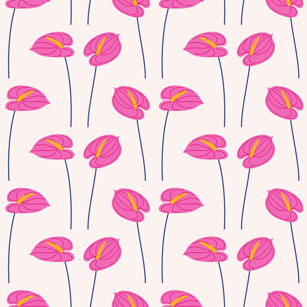 Anthurium pink flower, seamless pattern. Summer floral illustration, beige background. Bright spring botanical print, modern style design vector