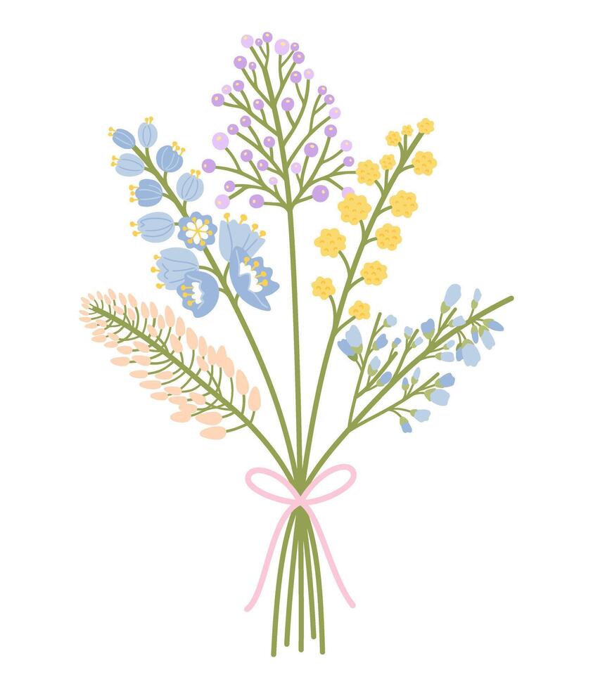 Bunch wildflowers and herbs. Floral meadow bouquet, tied with ribbon. illustration of wild plants for design projects vector