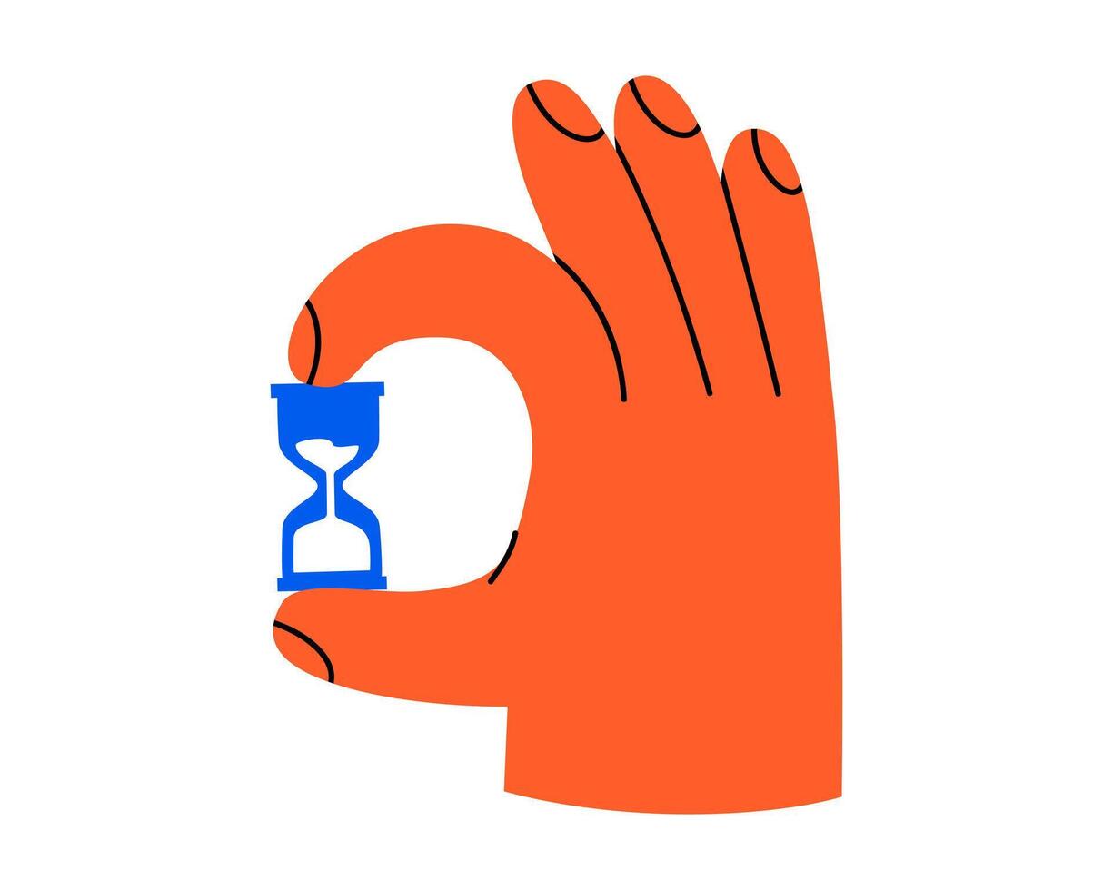 Hand drawn cute cartoon illustration hand with hourglass or sandglass. Watch counting time in arm. Flat timetable or schedule doodle. Planning or time management icon. Event deadline. Isolated. vector