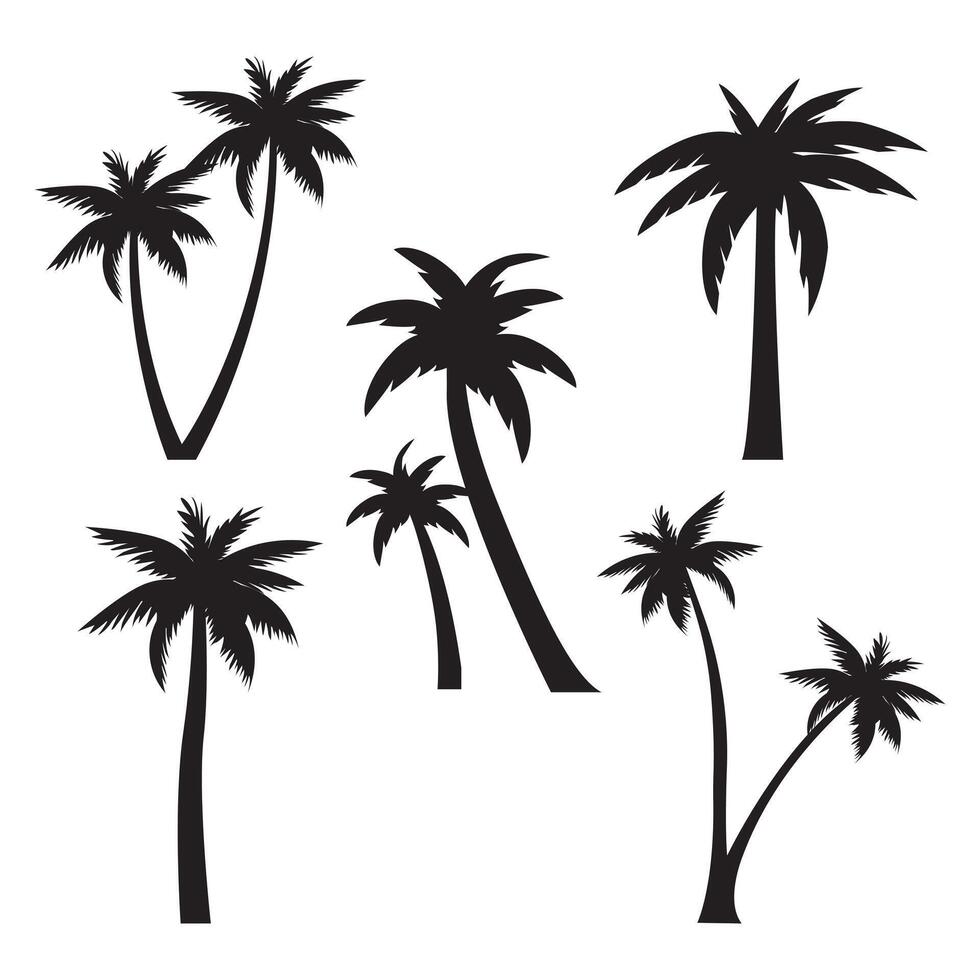 Black palm trees silhouettes set isolated on white background. Tropical palm trees set, Palm silhouettes. Design of palm trees for posters, banners and promotional items illustration, vector