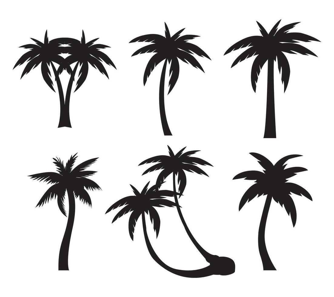 Black palm trees silhouettes set isolated on white background. Tropical palm trees set, Palm silhouettes. Design of palm trees for posters, banners and promotional items. illustration, vector