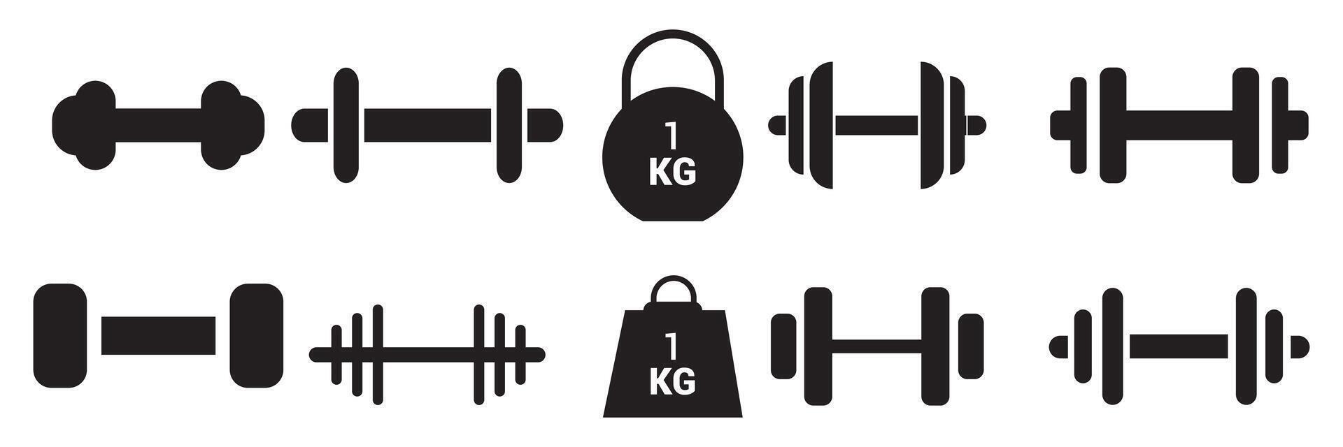 Set of Dumbbells icons in Black flat style, Gym heavy strength training dumbbells pictogram. barbells for bodybuilding and fitness, Weight lifting dumbbell signs vector