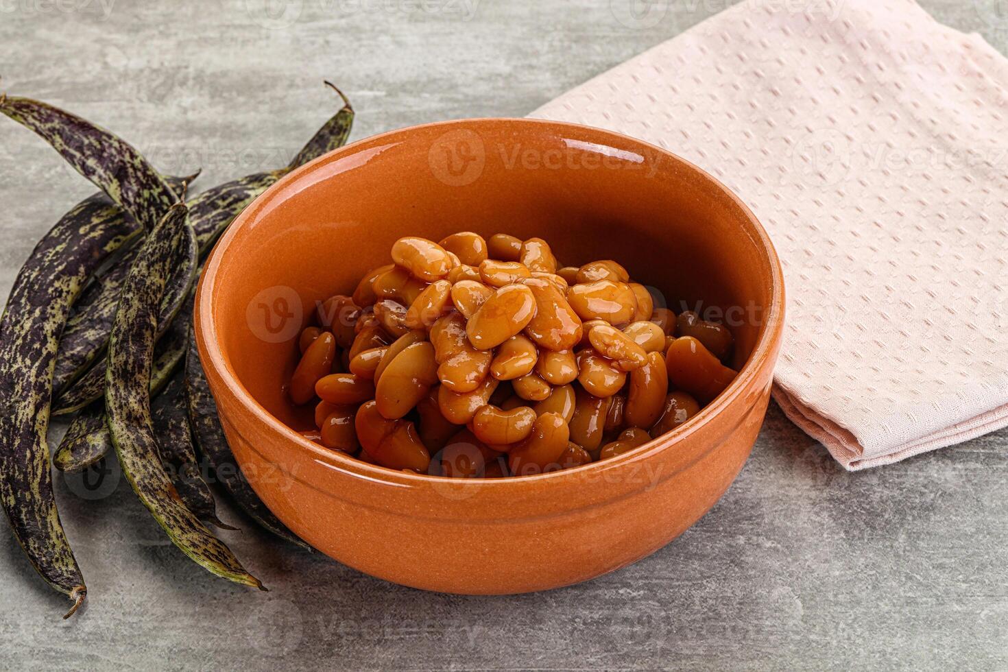 Canned white bean in tomato sauce photo