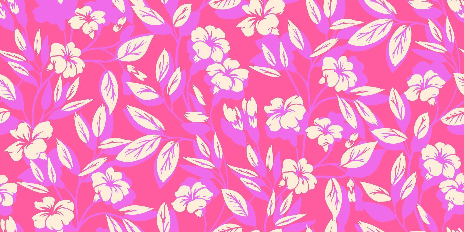 Colorful creative small flowers, leaves, tiny buds, silhouettes branches seamless pattern. Abstract simple floral stems printing on a pink background. hand drawing. Nature ornament for textile vector