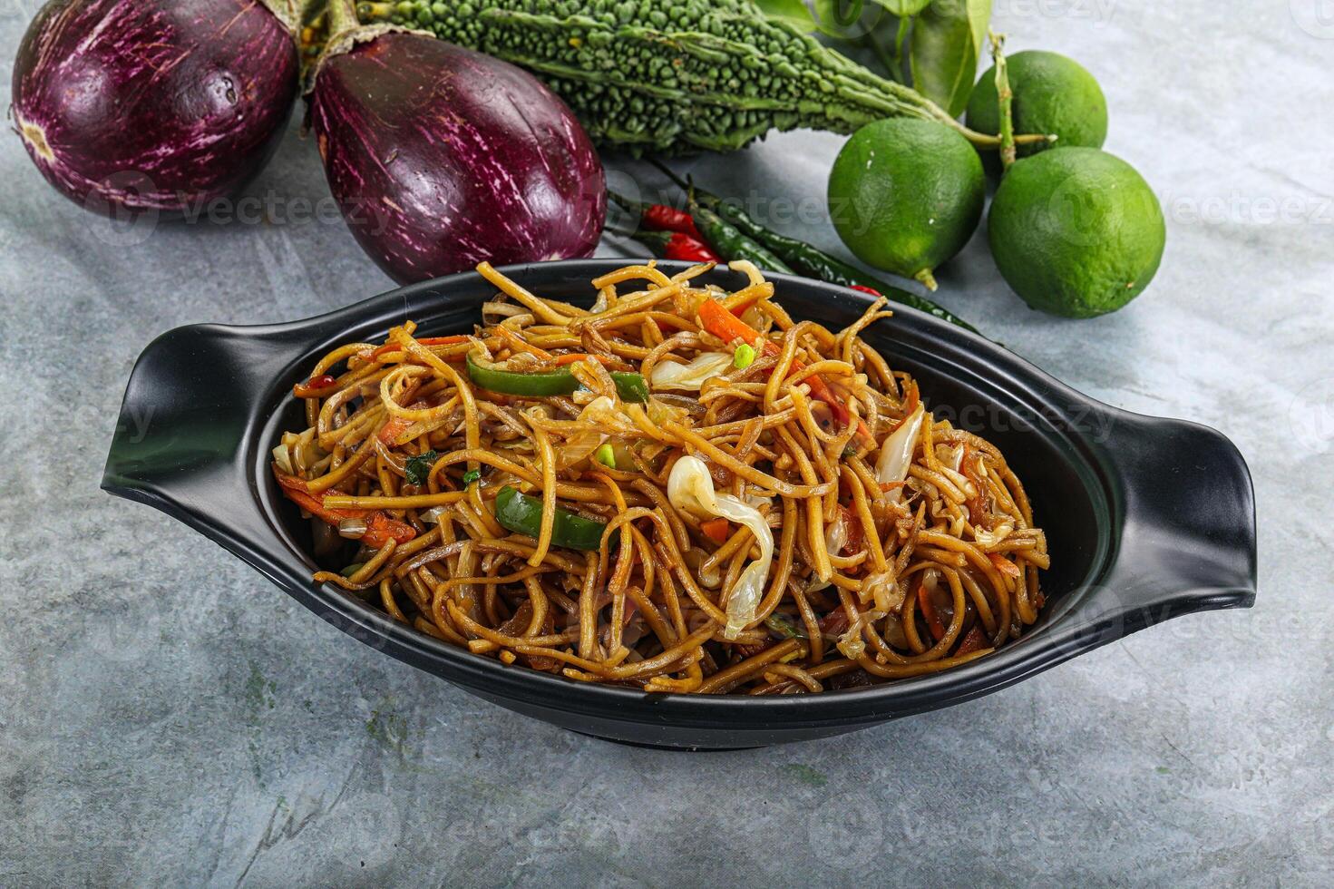 Stir fried noodles with vegetables photo