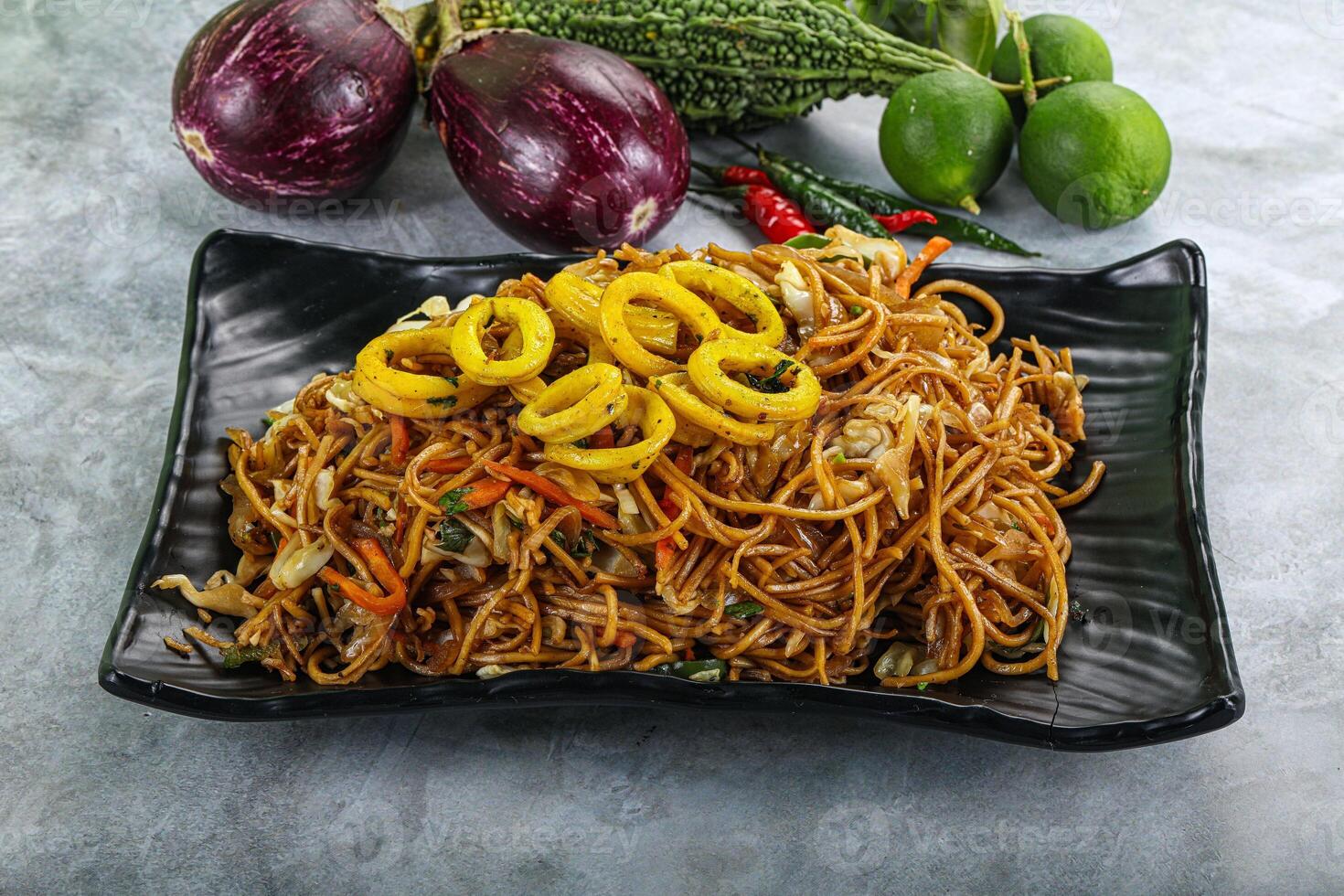 Stir fried noodles with squid photo