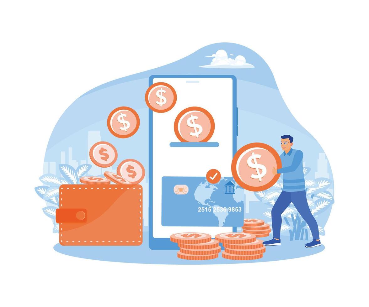 The man received a refund on the credit card. Money goes into the wallet. Cashback concept. Flat illustration. vector
