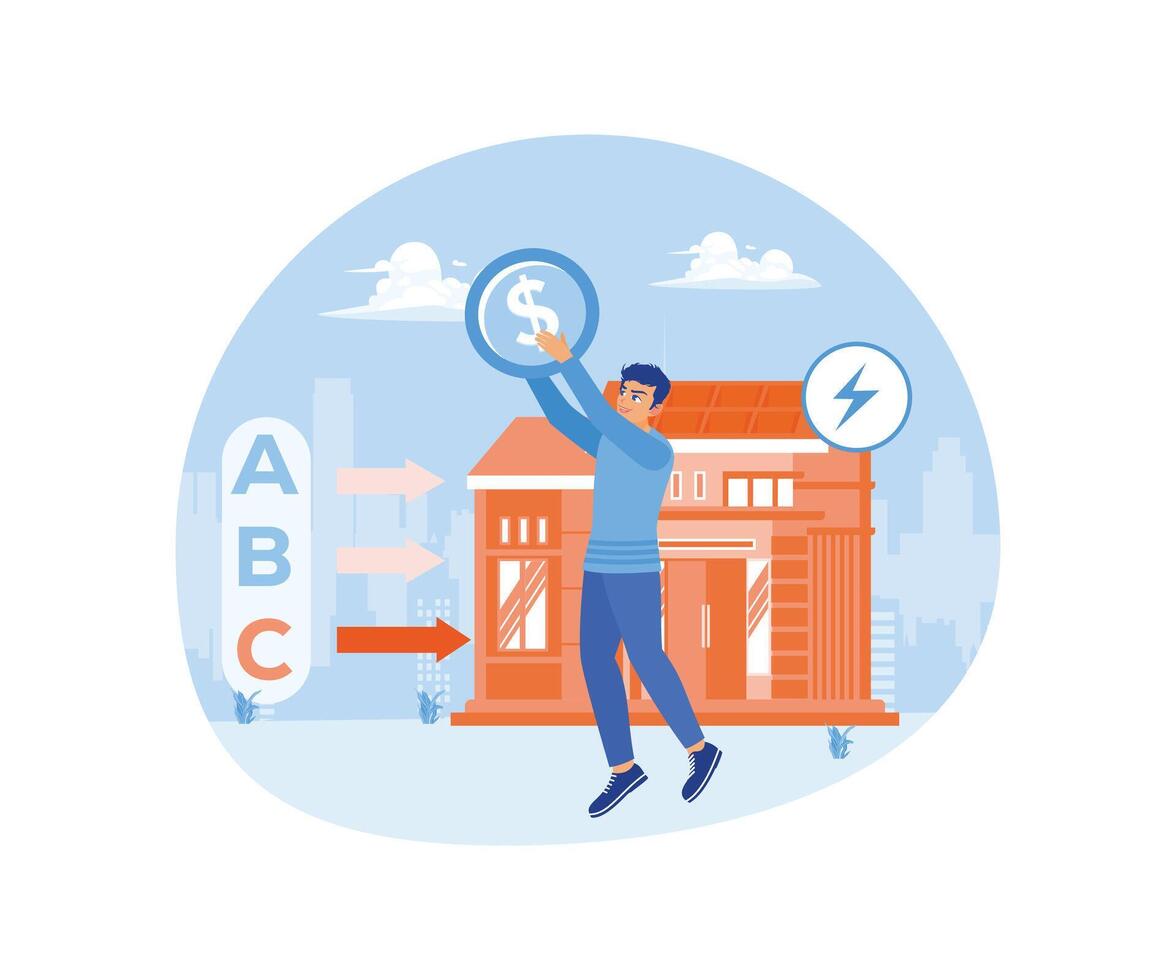 Household energy efficiency. People use energy saving devices and save costs. Energy efficiency concept. Flat illustration. vector