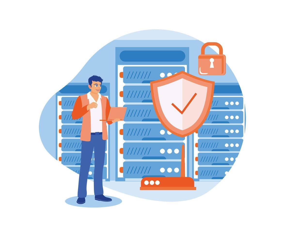 Businessman saving data on the laptop. Storing documents in a data center. Cyber security concept. vector