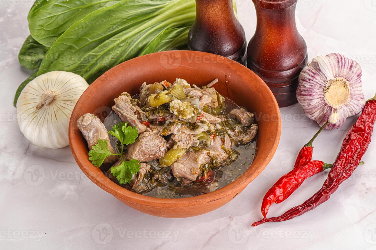 Steamed lamb meat with vegetables photo