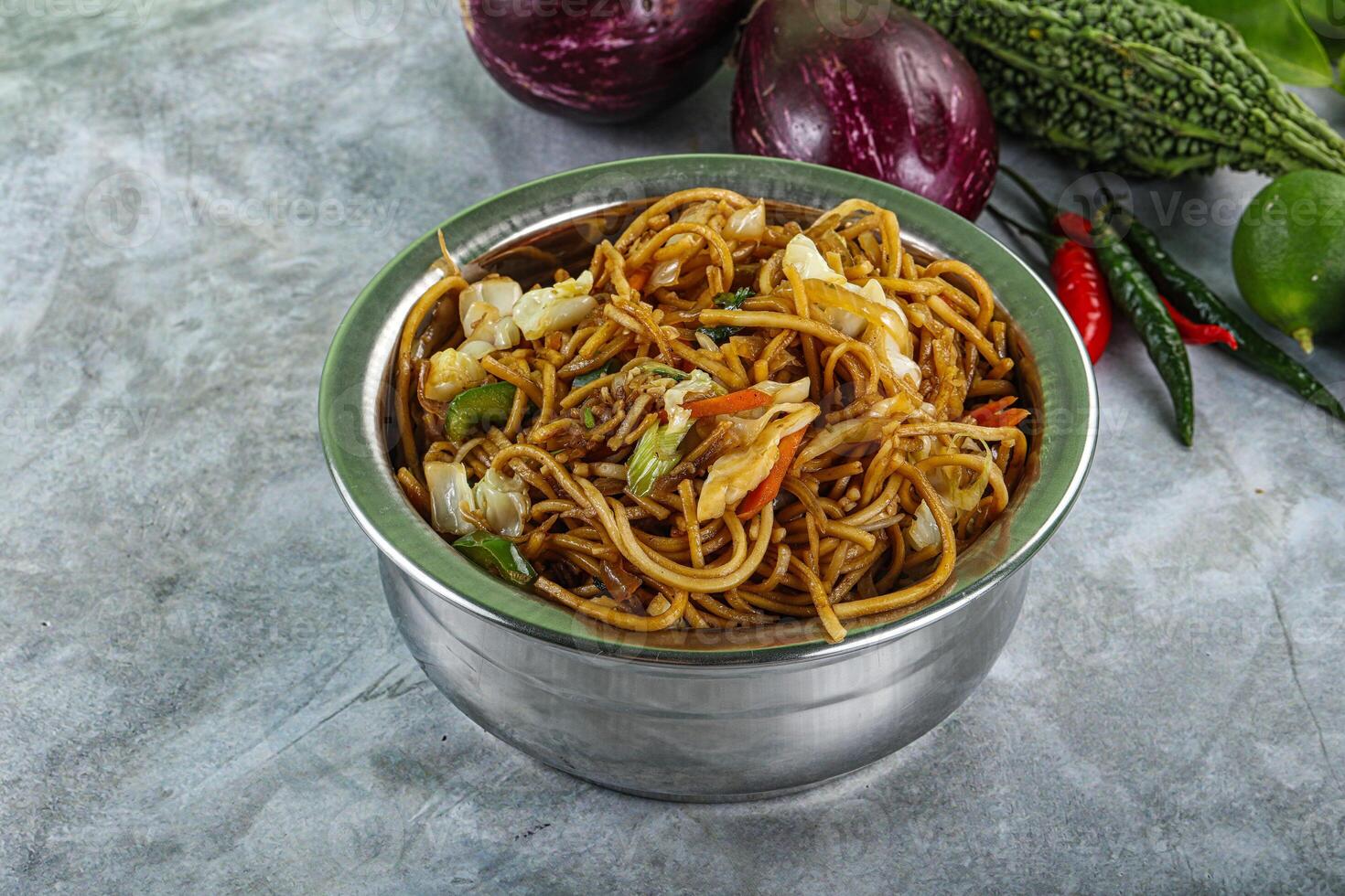 Stir fried noodles with vegetables photo