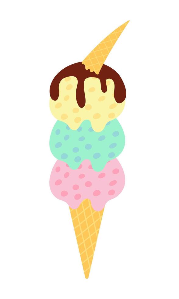 Flat triple ice cream in waffle cone and sprinkles vector