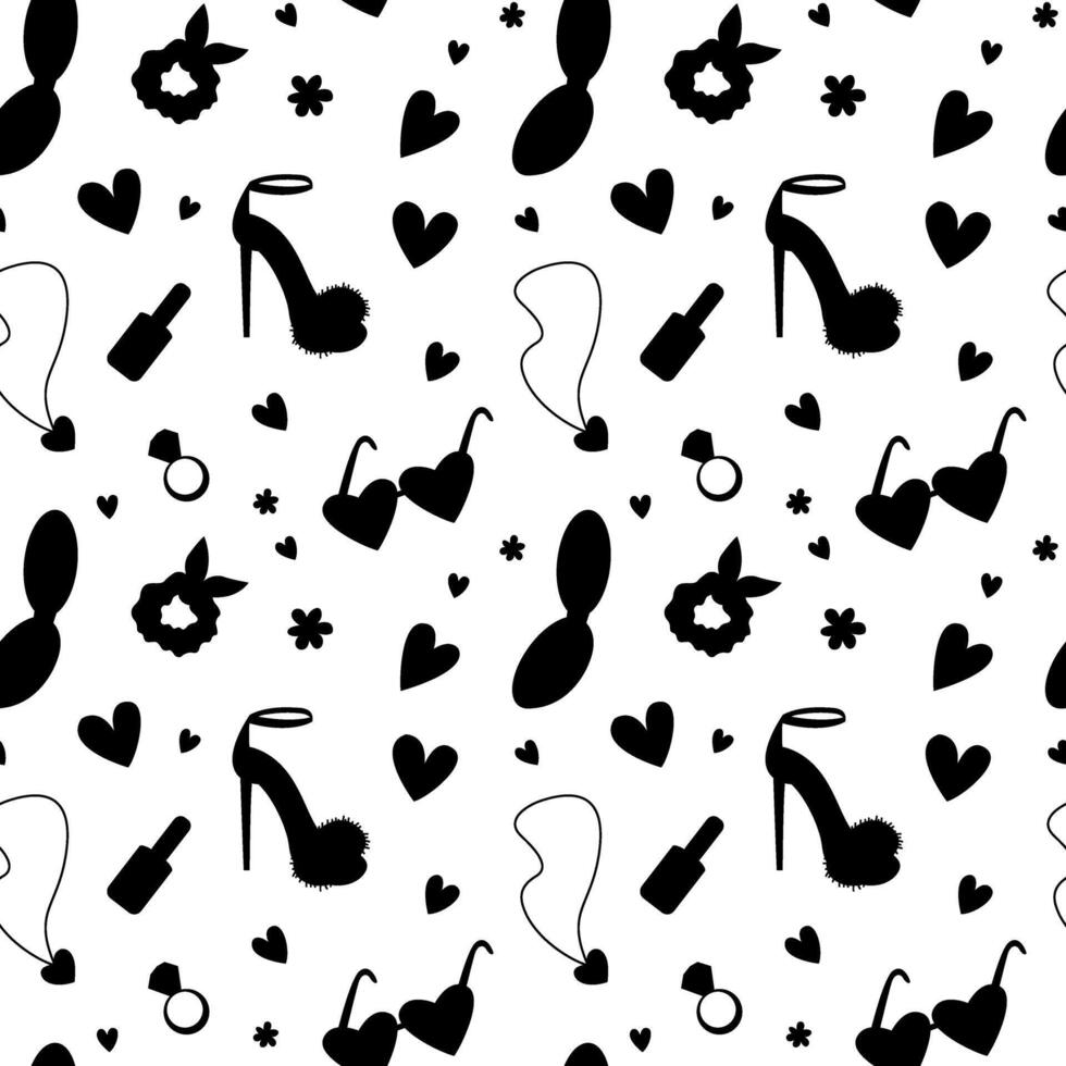 Retro 90s elements in black silhouettes seamless pattern. barbiecore black silhouette pattern vector