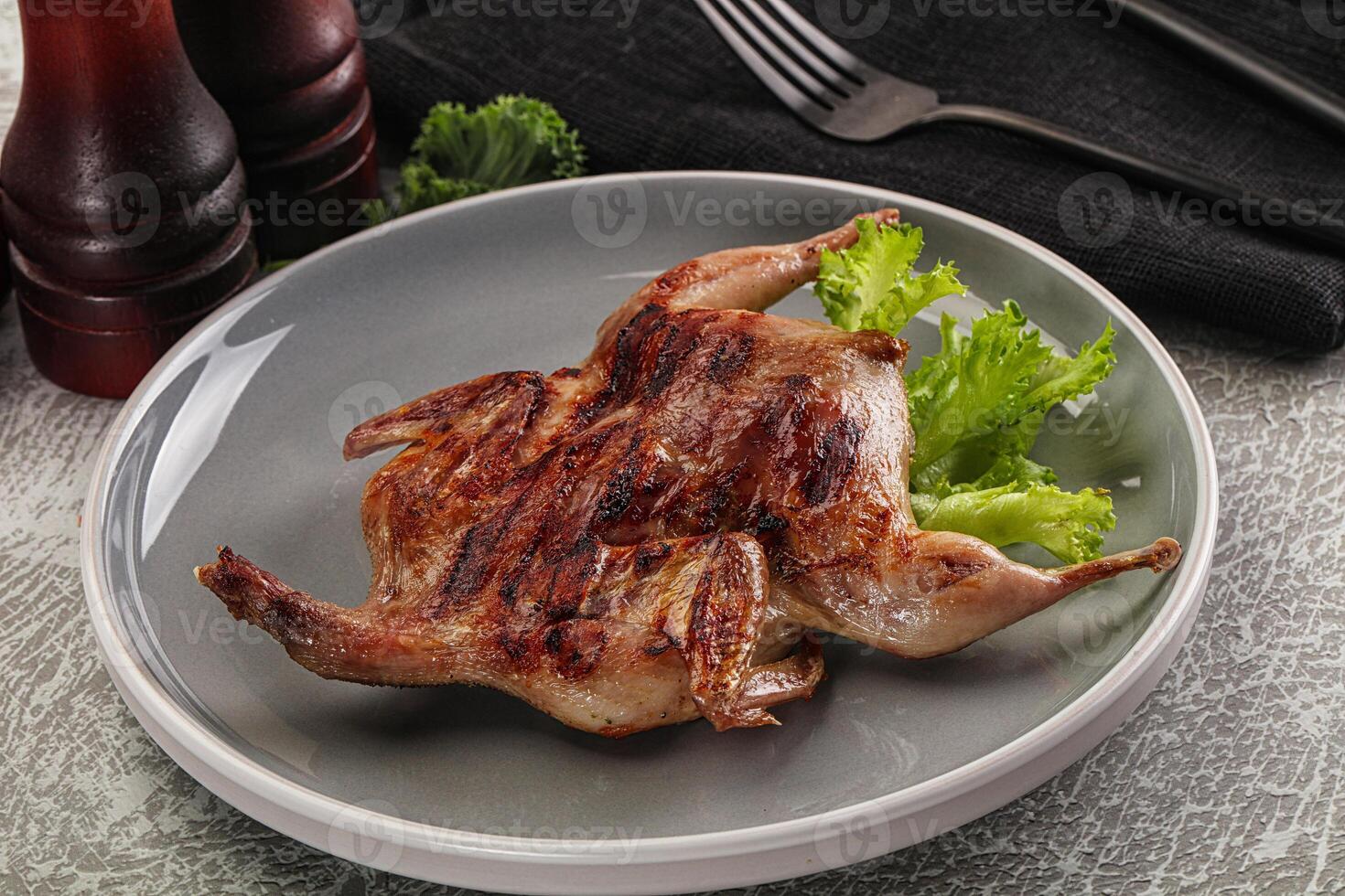 Grilled quail in the plate photo