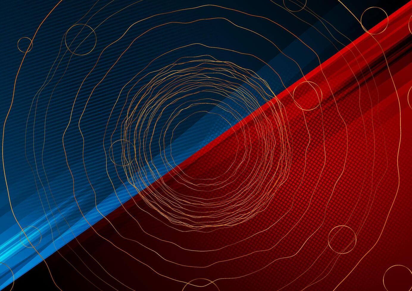 Contrast red and blue background with golden wavy circles vector