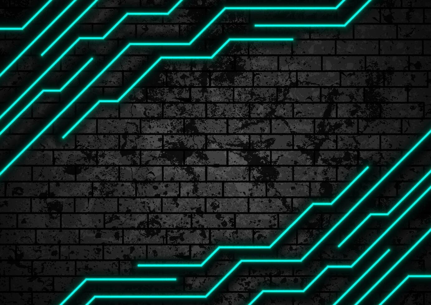 Turquoise neon technology lines on brick grunge wall vector