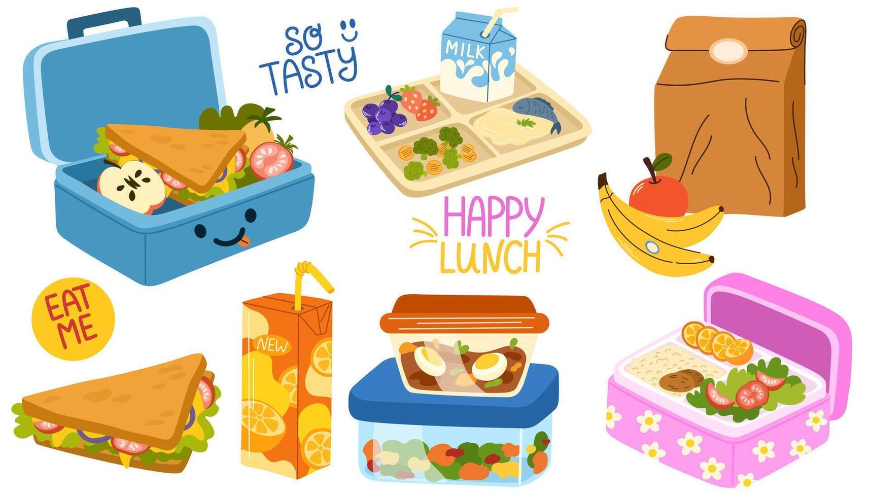 School lunch box, container, tray with meals, paper bag. Various food, sandwich, fruits, milk, juice, soda. Hand drawn illustration. Isolated elements, design templates. Healthy food concept vector
