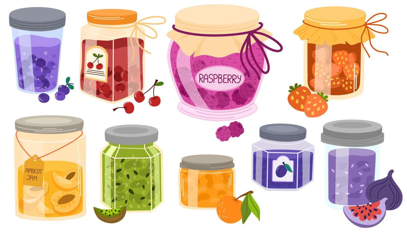 Homemade jams set. Fruit and berry jelly, marmalade, confiture in glass jars. Home-made preserves with cherry, strawberry, apricot flavors. Flat illustrations isolated on white background vector