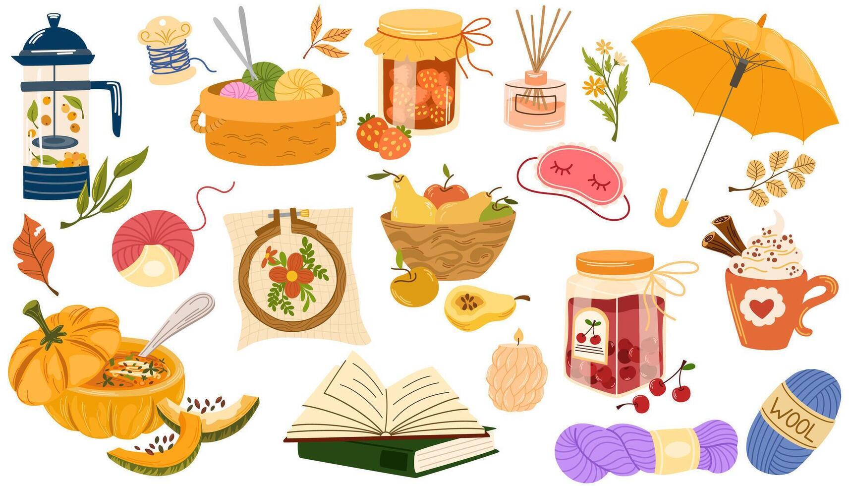 Hygge set, hand drawn , scandinavian doodle sketchy elements. Cozy comfortable lifestyle, winter and autumn mood. illustration isolated on white background vector