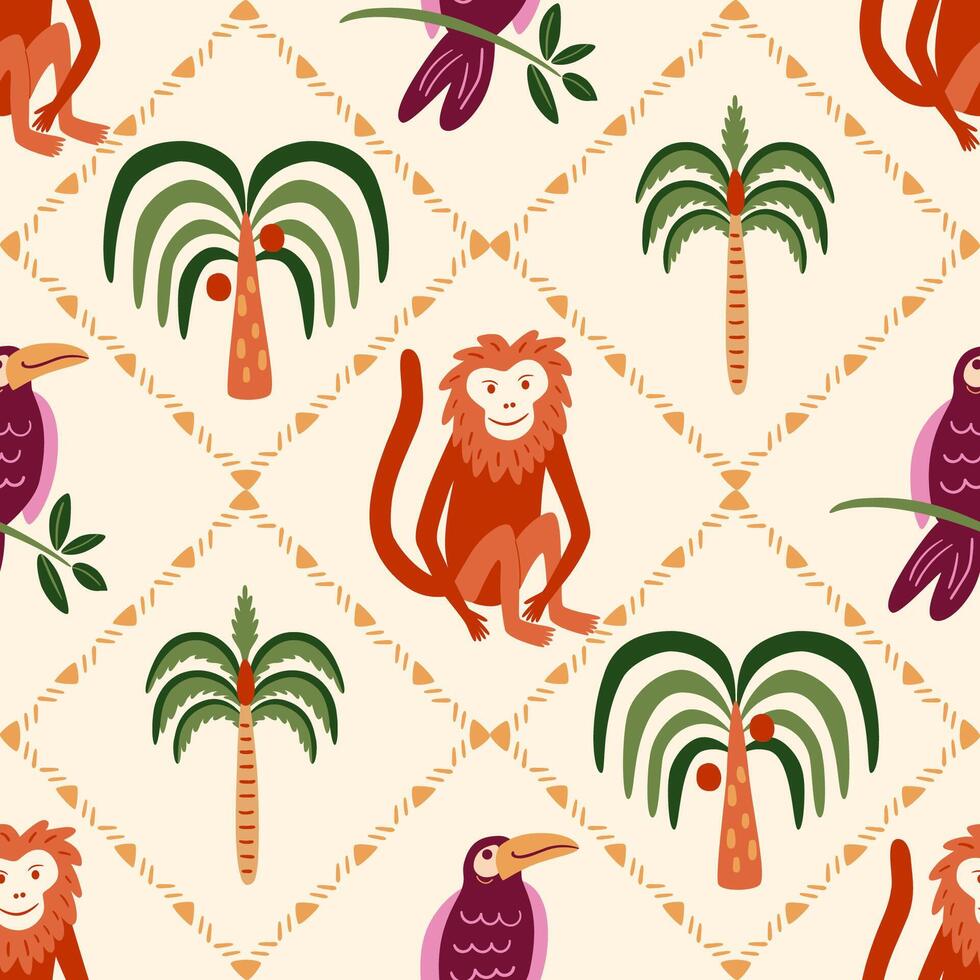 Tropical palm tree, cute monkey, toucan bird seamless pattern. Jungle damask print, summer natural wallpaper. Hand drawn coconut plant. Geometric childish design for textile, fabric, wrap paper vector