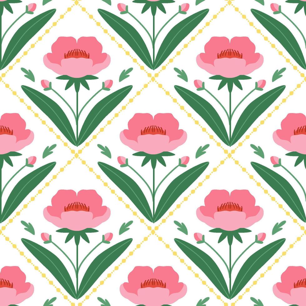 Pink meadow seamless pattern, floral damask ornament. Cute big peony, buttercup flowers wallpaper. Geometric bouquet illustration, summer background, fabric, textile, wallpaper, cover, print. vector