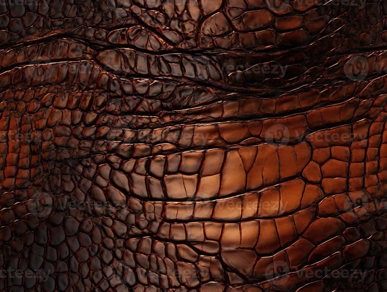 Close-up view of brown crocodile leather with a textured, scaled pattern. photo