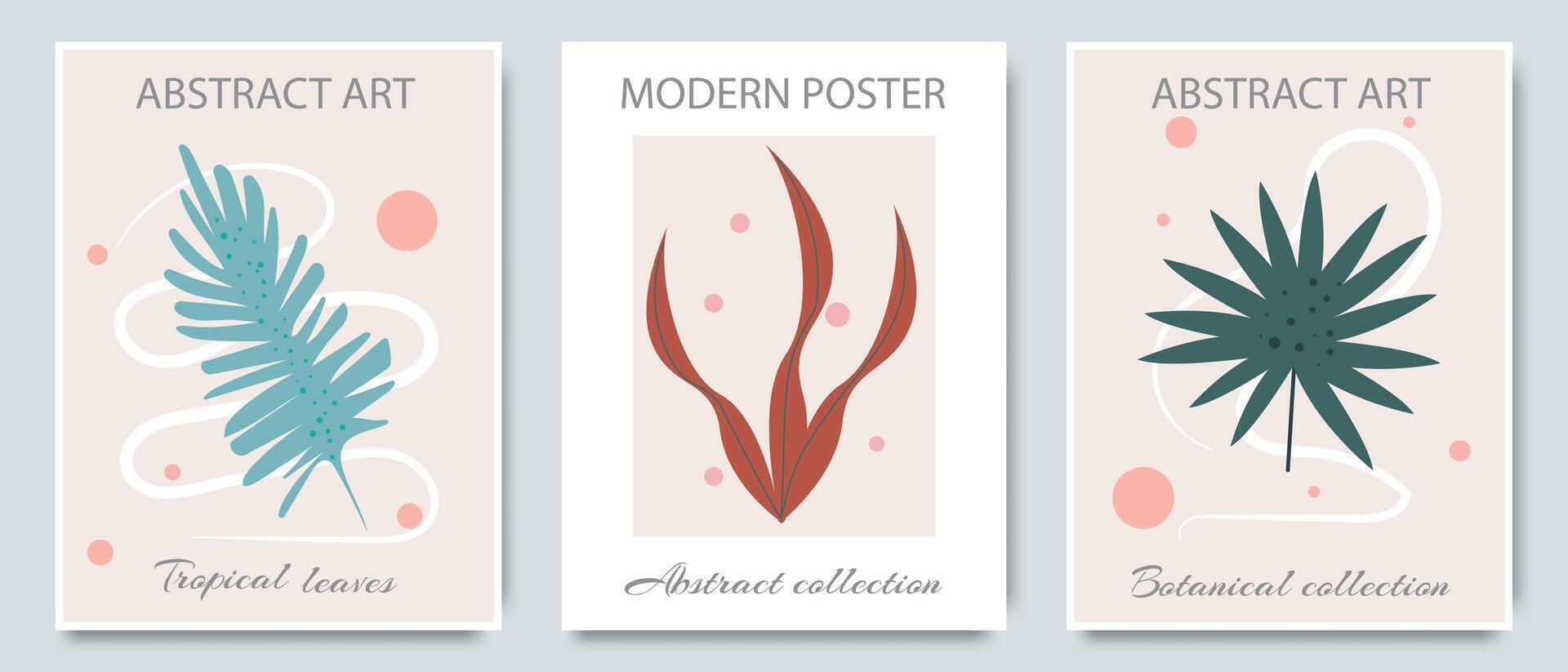 Set of abstract posters with tropical leaves. Botanical pattern. Modern fashionable minimalist style. Contemporary art reproduction with organic natural forms. Hand drawn illustration for wall decor vector