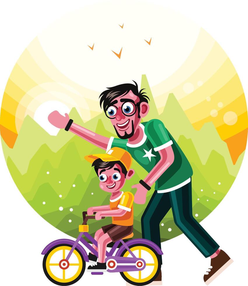 Father Teaching His Son to Ride Bicycle vector