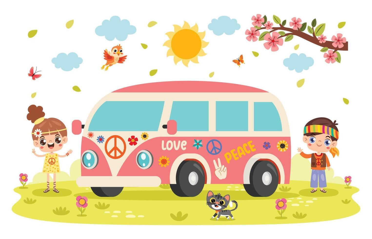Hippie Characters With Camper Van vector