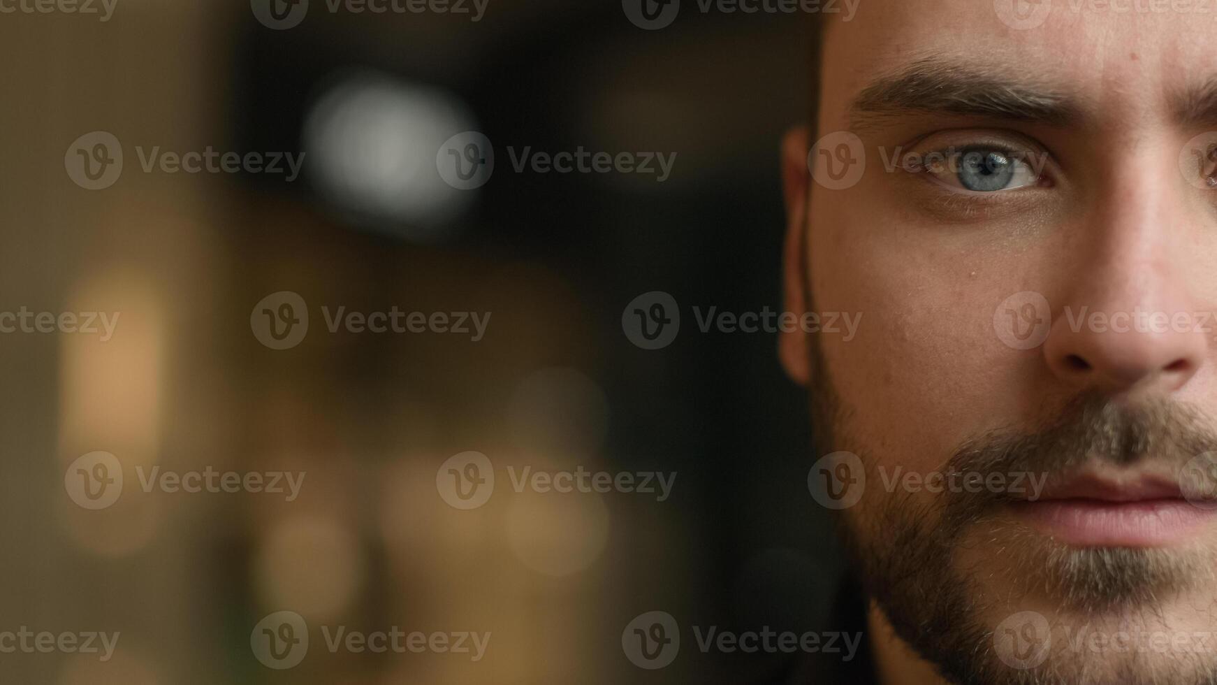 Close up macro view in details half part face Caucasian strong man businessman guy looking to camera head shot male eyesight eyes vision ophthalmology laser correction health medical empty copy space photo
