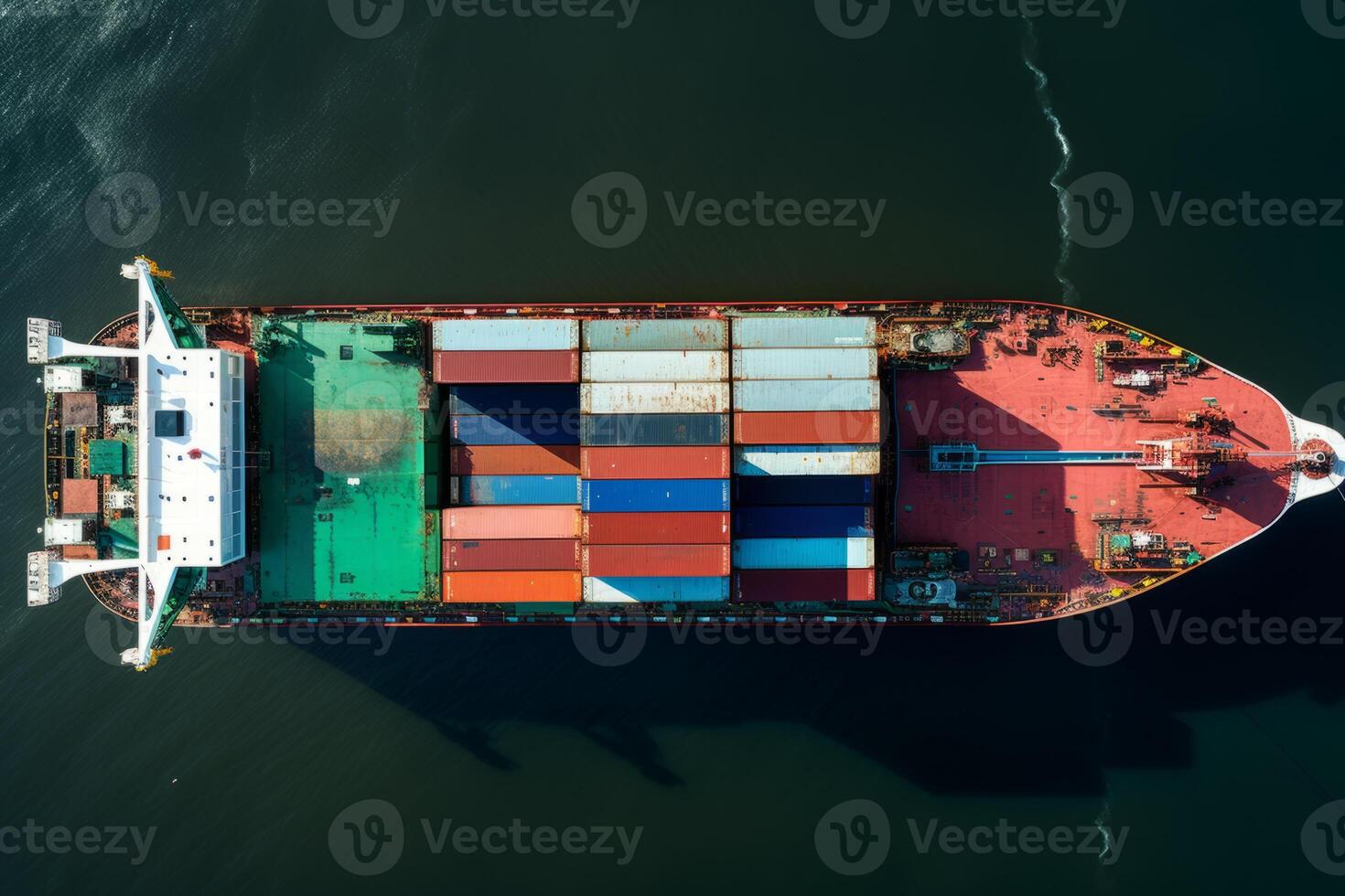 Transportation overseas international shipment delivery logistics fast maritime container cargo ship riding gliding sea ocean drone aerial top footage from sky worldwide business trade photo