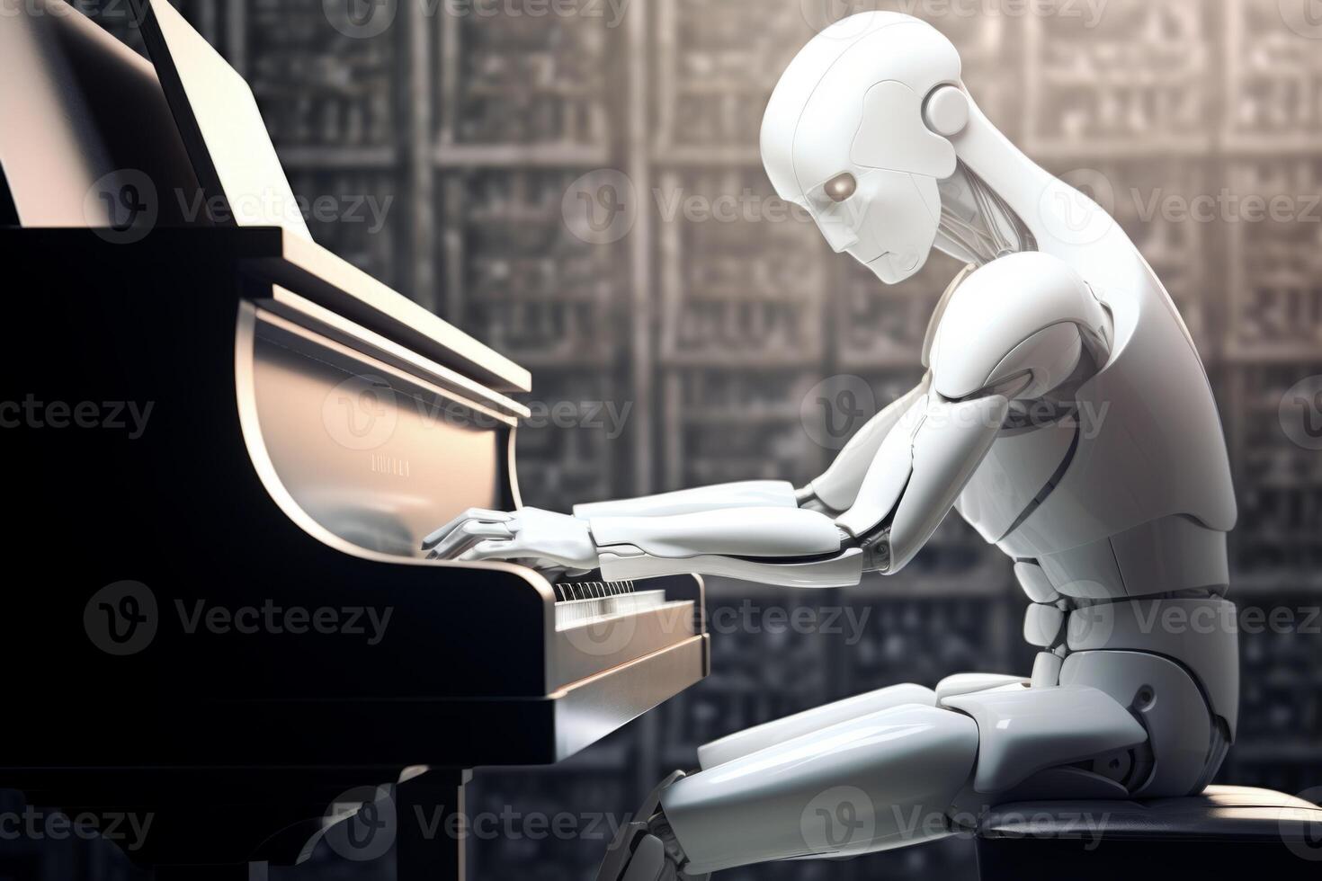 Sci-fi humanoid robot android plays piano robotic fingers touch stylish musical instrument notes technological harmony advanced artificial intelligence people-like futuristic interactions photo