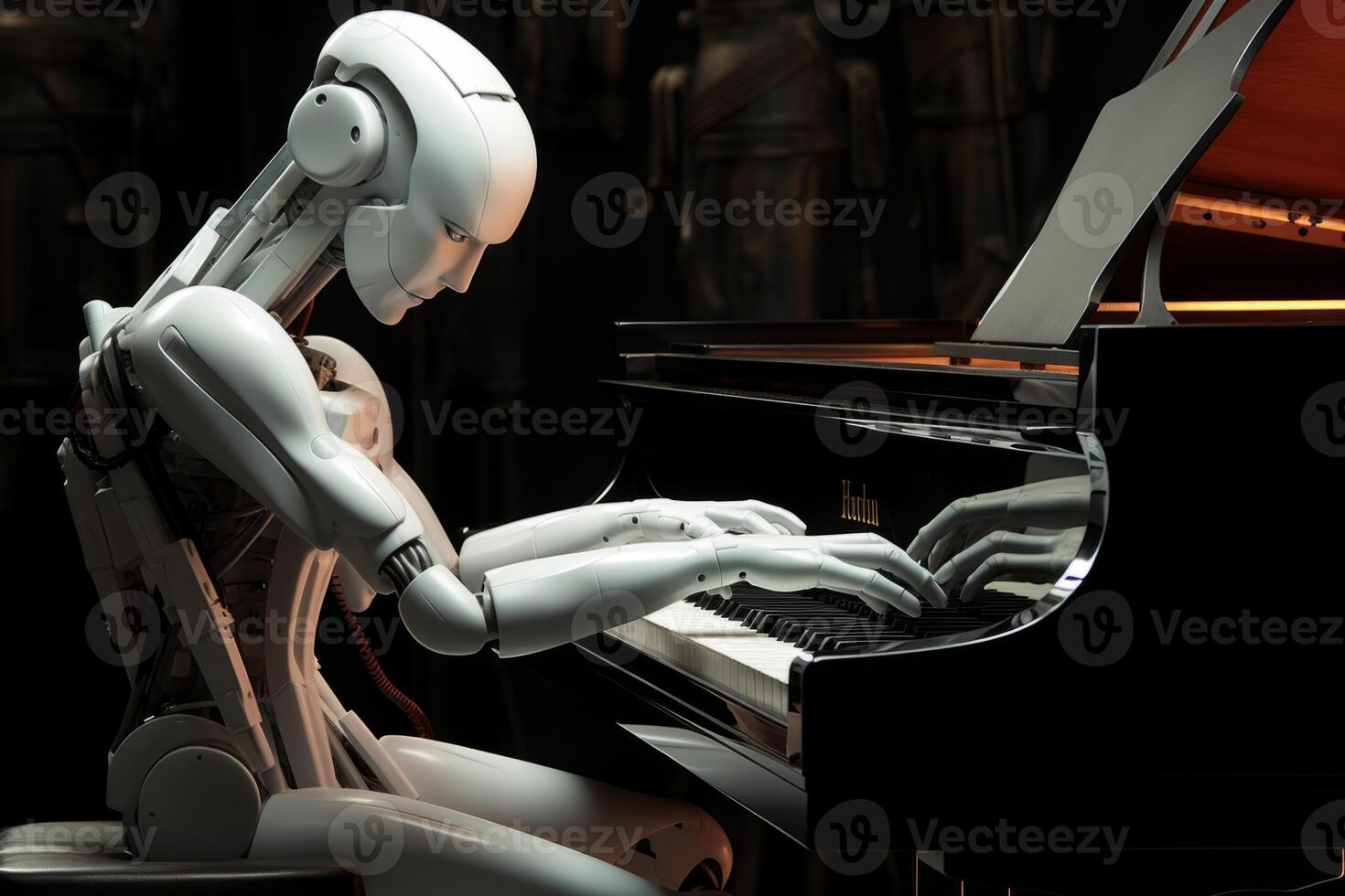 Sci-fi humanoid robot android plays piano robotic fingers touch stylish musical instrument notes technological harmony advanced artificial intelligence people-like futuristic interactions photo