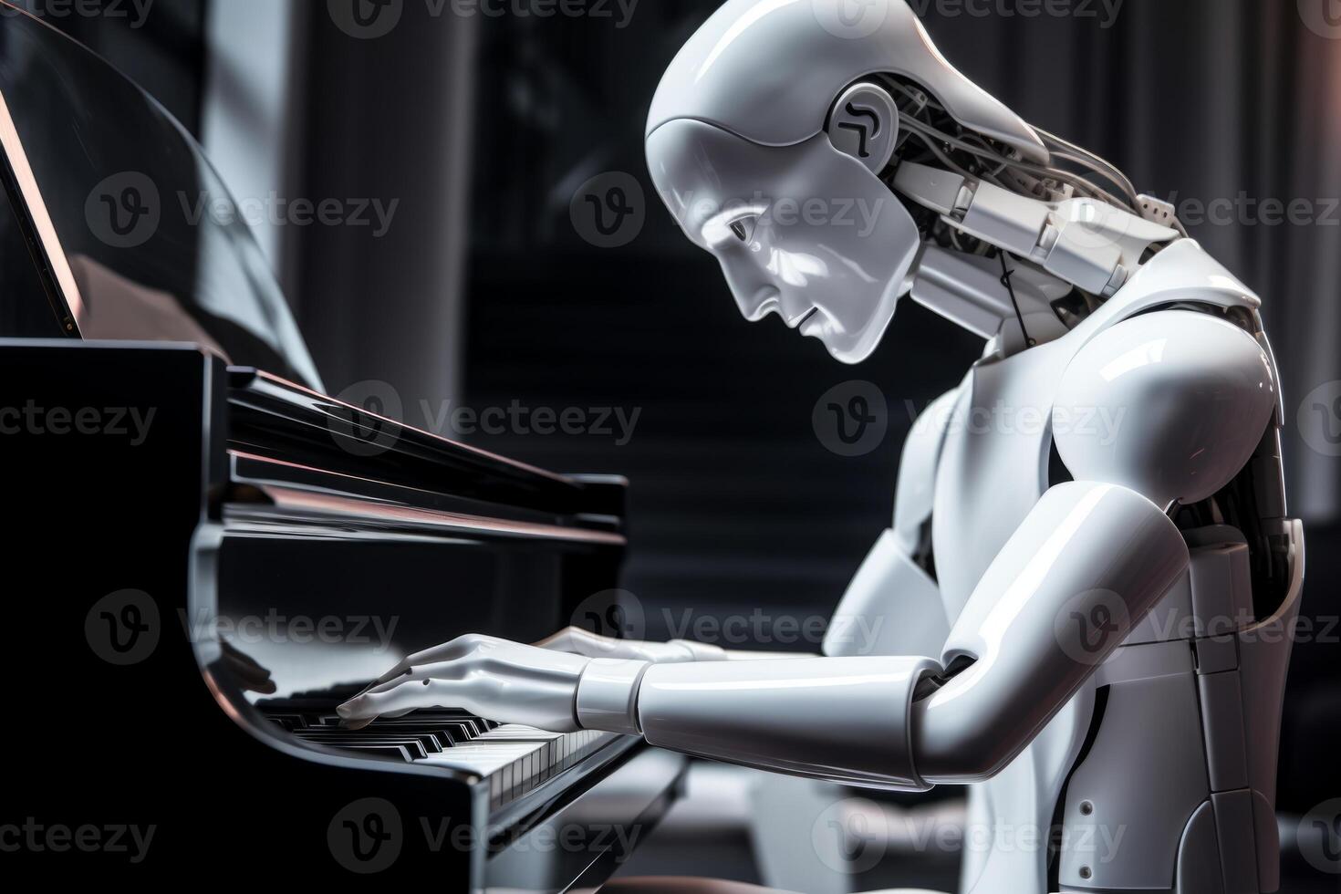 Sci-fi humanoid AI robot android plays piano robotic fingers touch stylish musical instrument. Technological harmony advanced artificial intelligence people-like futuristic interactions photo