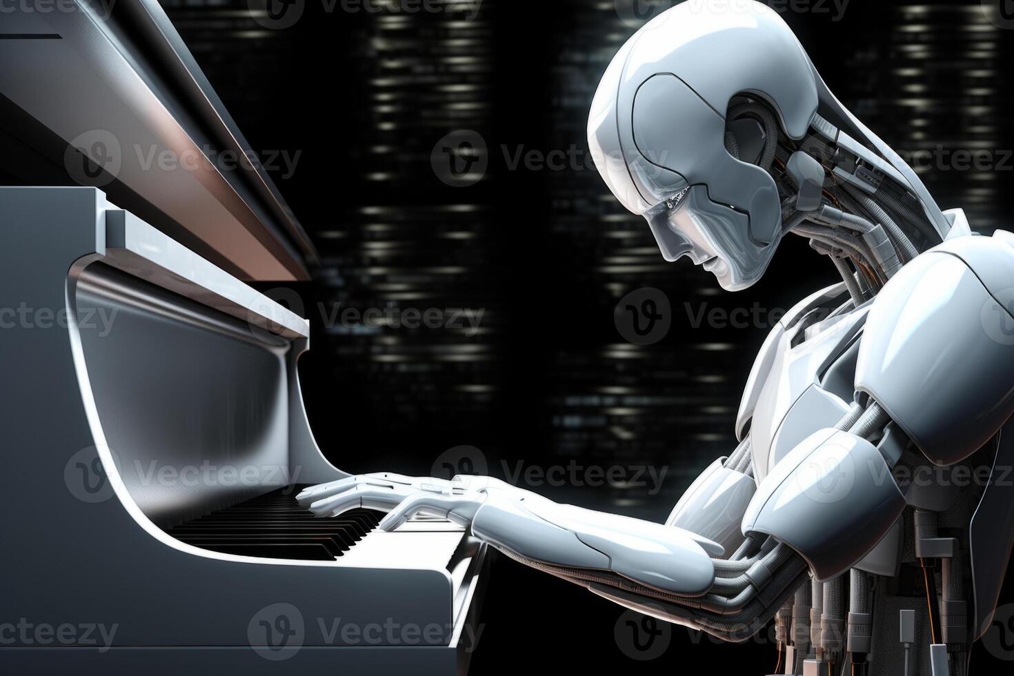 Sci-fi humanoid AI robot android plays piano robotic fingers touch stylish musical instrument. Technological harmony advanced artificial intelligence people-like futuristic interactions photo