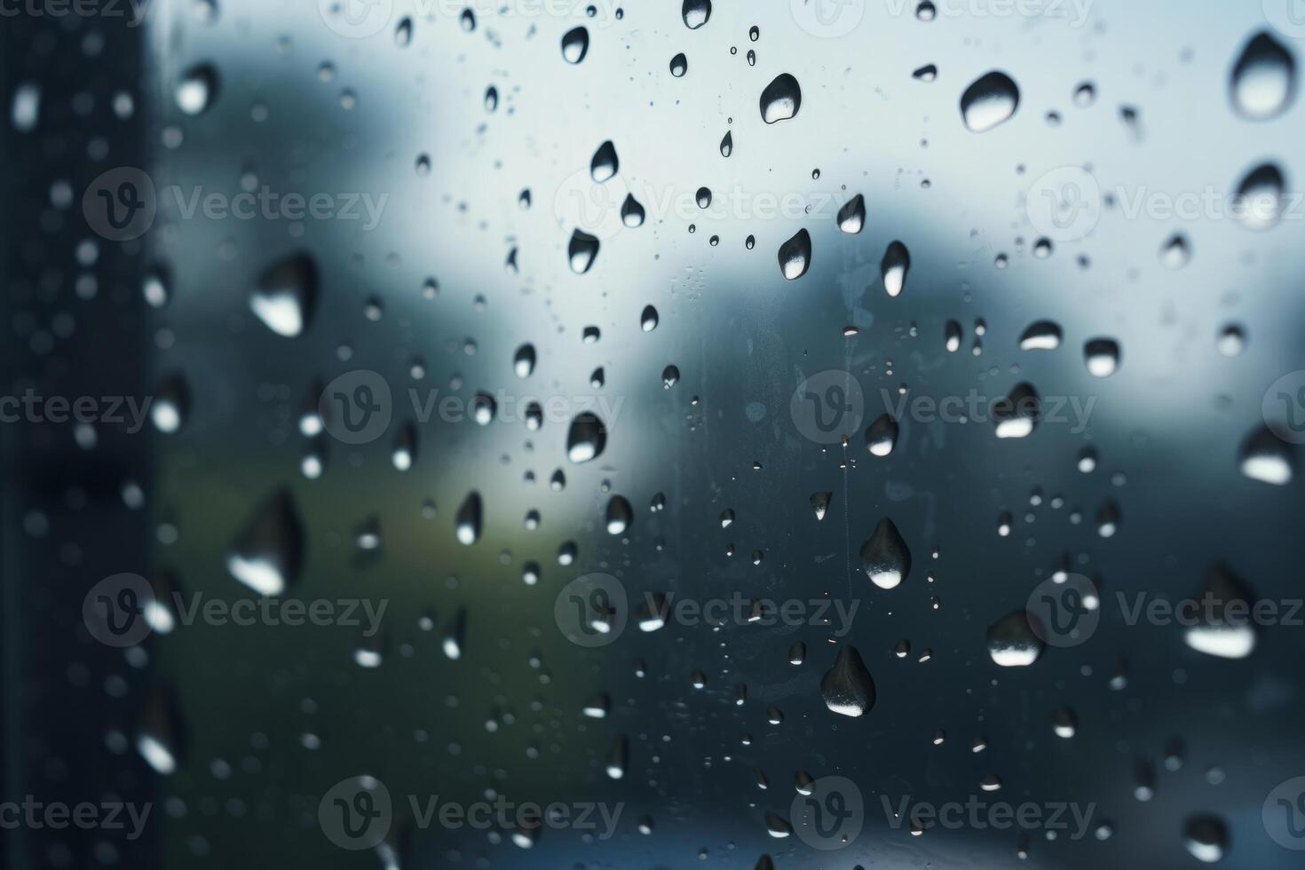Shiny raindrops splashes falling cascading down wet glossy foggy glass window car outdoor during rainy stormy day backdrop. Close-up processes motion of beautiful clear fresh water photo