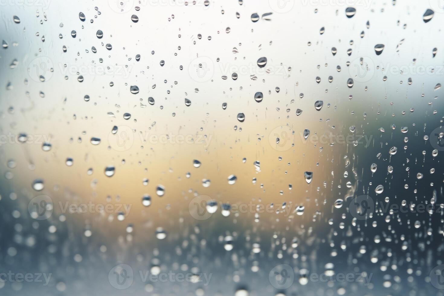 Shiny raindrops splashes falling cascading down wet glossy foggy glass window car outdoor during rainy stormy day backdrop. Close-up processes motion of beautiful clear fresh water photo